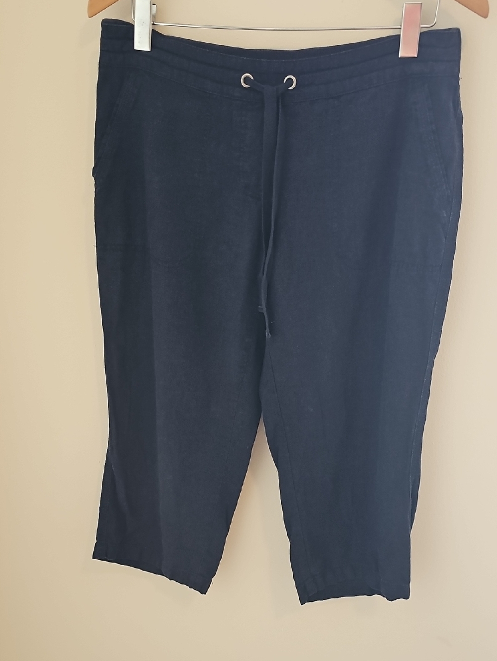 Per Se Linen Blend Crop Pants Womens Size M Navy Blue Drawstring Casual Summer